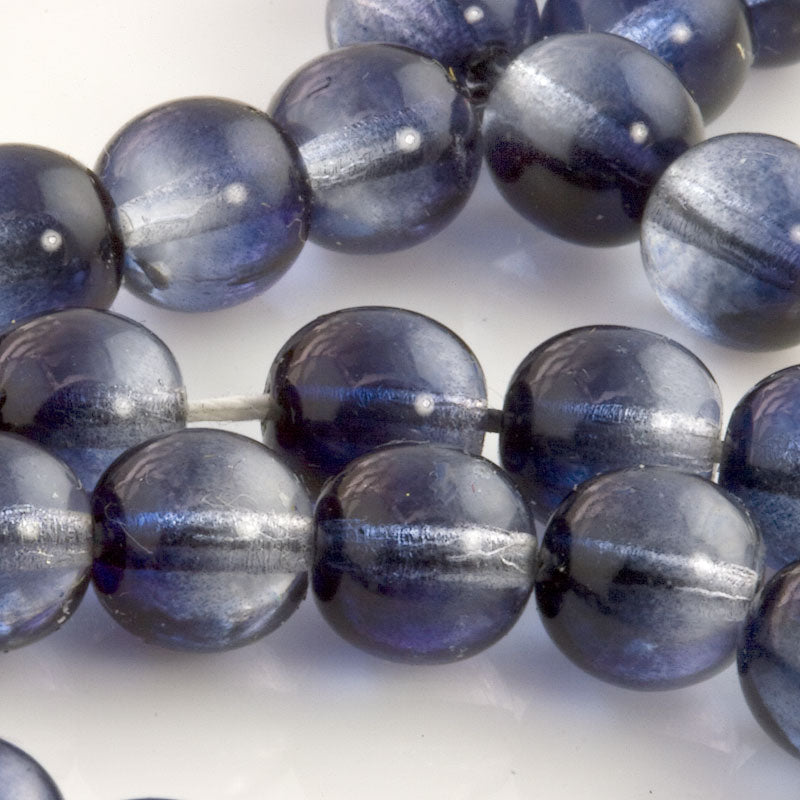 Smooth 2-tone round beads of clear crystal and dark sapphire glass. 8mm. Contemporary Czech Republic. 12 pcs.