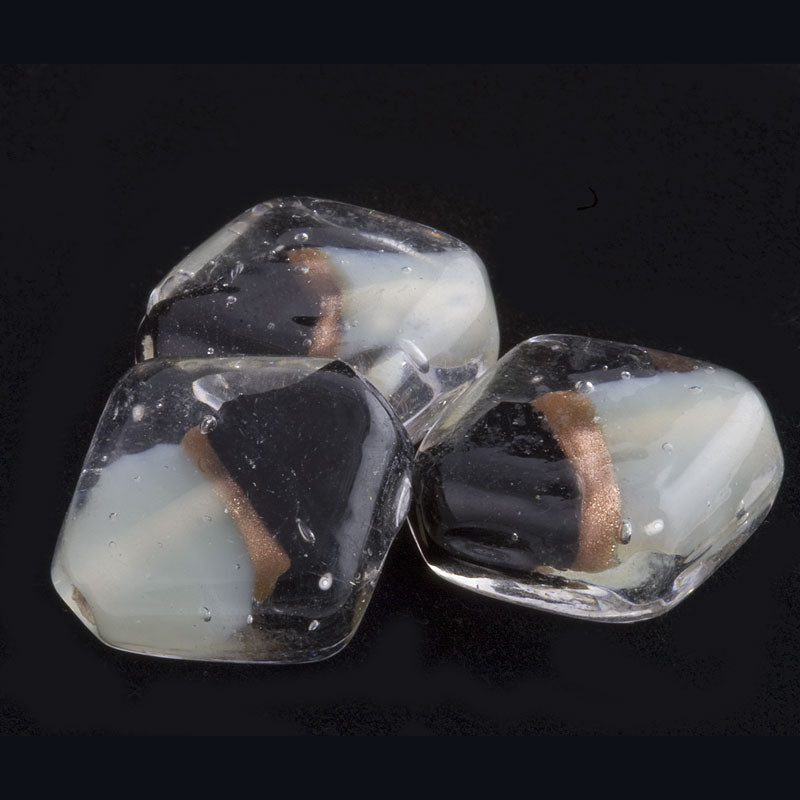 Contemporary opal and black glass with aventurine stripe under clear glass diamond. 19mm 4 pcs. b11-bw-2023