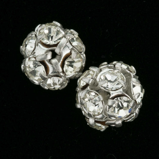 Vintage silver metal prong-set rhinestone ball beads 9mm, 2 pieces. b18-587