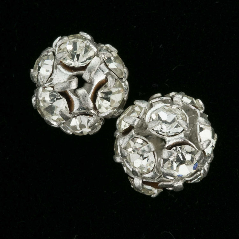 Vintage silver metal prong-set rhinestone ball beads 9mm, 2 pieces.