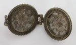 Silver on copper lacey filigree locket with turquoise glass
