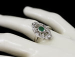 Vintage estate transitional 14k white gold filigree, emerald and diamond ring c. 1920