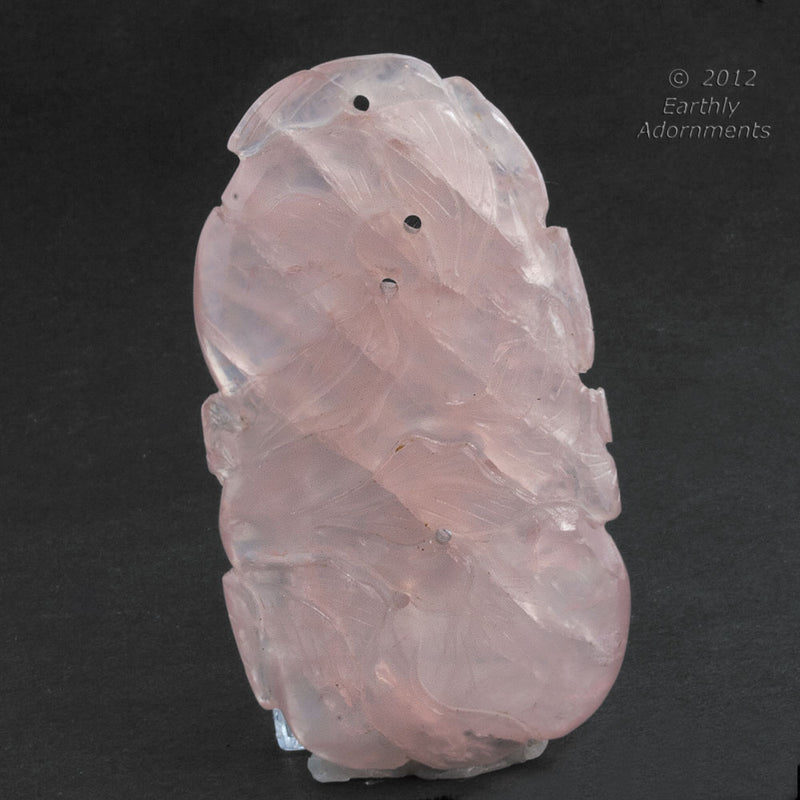 Vintage carved and pierced rose quartz peach and leaf pendant, 2-3/4 x 1-1/2 x 3/8 inches.