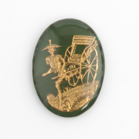 Chinese Rickshaw Intaglio Cabochon. Gold on green. 25x18mm. Pkg. 1. b5-949