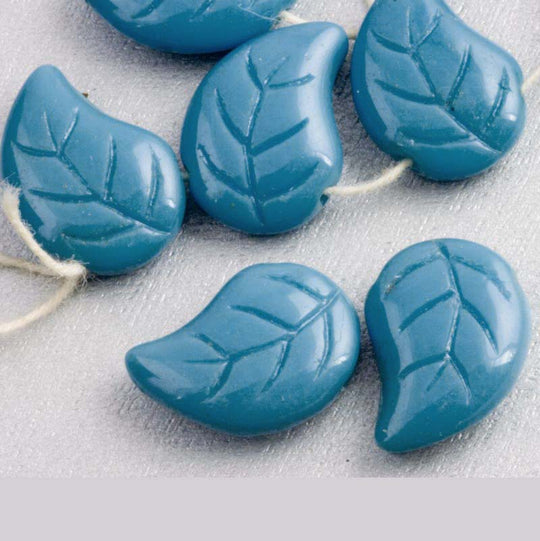 Turquoise Blue Glass Leaf Pendant. Czechoslovakia, 16x12mm. Pkg 10. b11-bl-1149