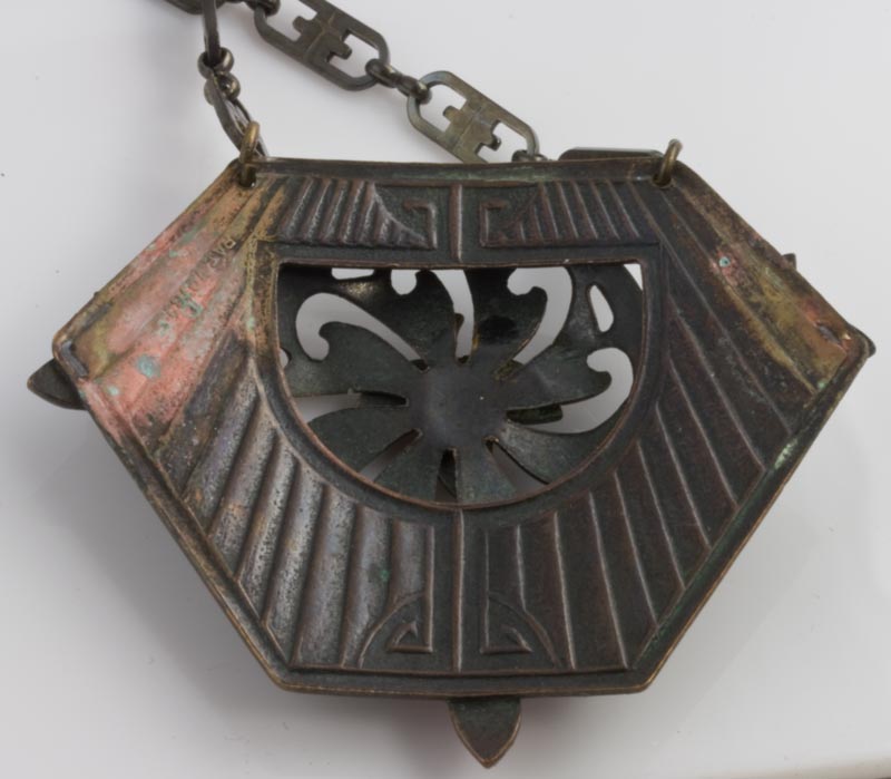 Arts and Crafts brass pendant necklace with navette rhinestones