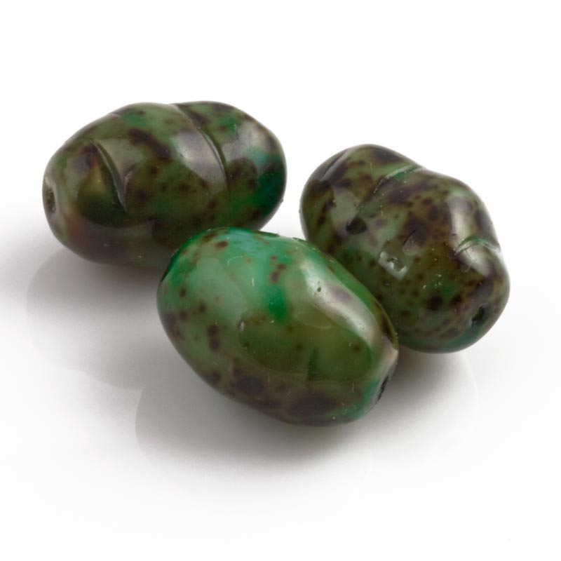 Vintage Czech green speckled twisted oval 20x14mm Pkg of 5. 