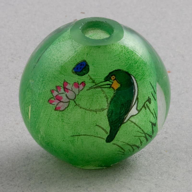 Reverse Painted Hollow Glass Bead, Kingfisher on branch with green background, 28mm pkg of 1. 