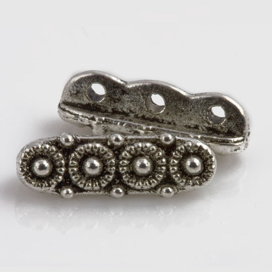 Silver plated Bali style pewter 3-strand spacer bar. 17mm Pkg of 4. b9-1055(e)