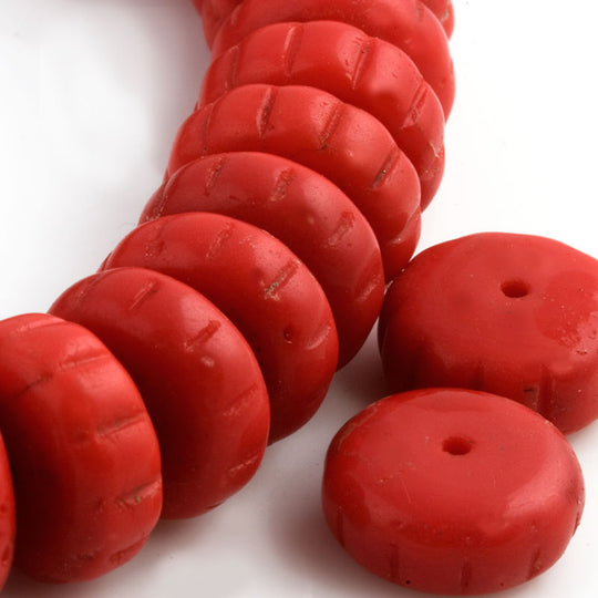 Vintage opaque cherry red fluted flat rondelle, 5x12mm Western Germany late 1940s pkg of 8. b11-rd-0811(e)