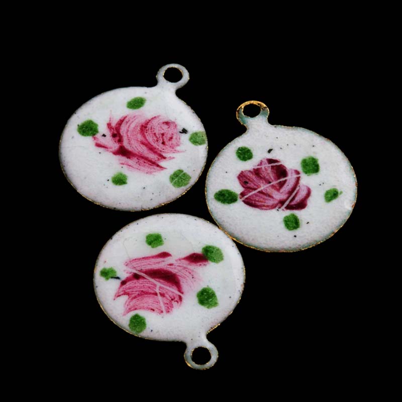 Vintage brass charm with enamel rose 11mm, Pkg of 2.