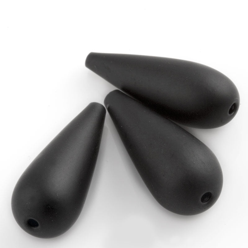 Vintage Art Deco hollow matte jet satin glass teardrop, 1920s France 16x5mm avg. Pkg of 2.