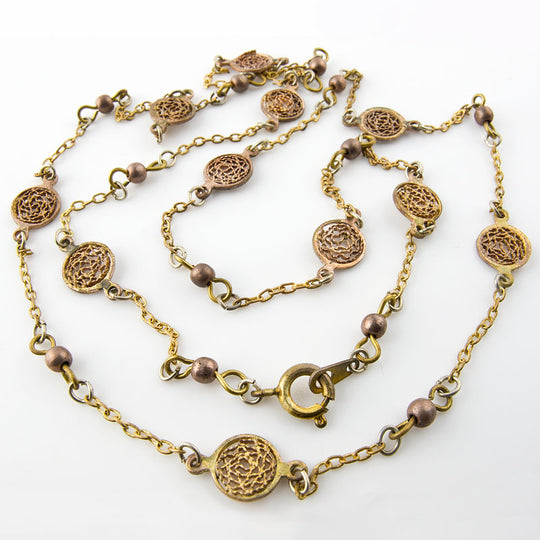 Finished yellow brass chain, copper balls, filigree plates,24 inches. Pkg 1. b12-chn596