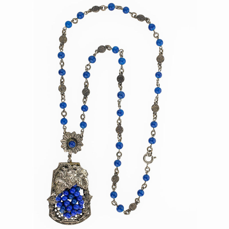 Vintage lapis glass and silver metal grape and leaf floral cluster lavaliere necklace c. 1920's-30's