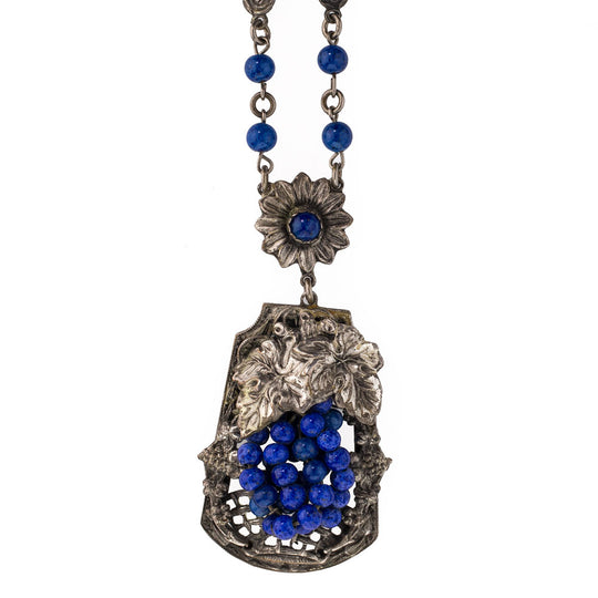 Lapis glass, silver metal grape and leaf cluster, lavaliere necklace c. 1920's Czech. j-nlad902e