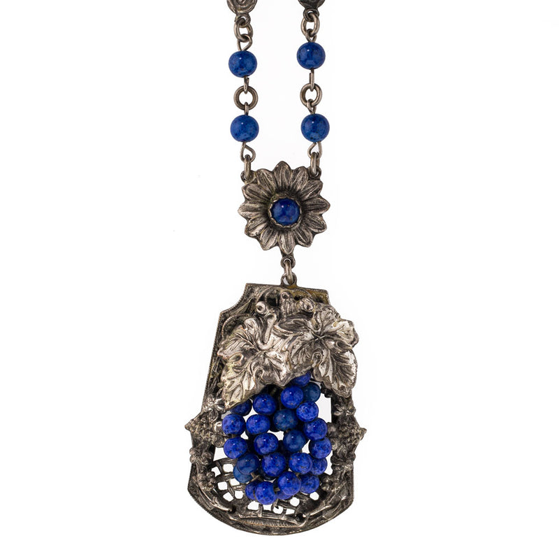 Vintage lapis glass and silver metal grape and leaf floral cluster lavaliere necklace c. 1920's-30's
