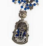 Vintage lapis glass and silver metal grape and leaf floral cluster lavaliere necklace c. 1920's-30's