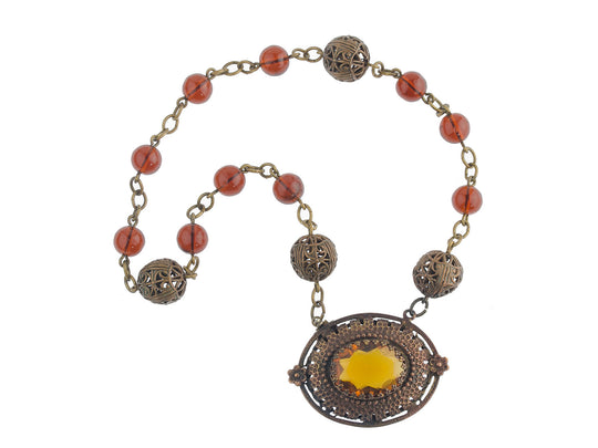 1920s Art Deco Madeira glass and brass filigree necklace Czechoslovakia. nlad965