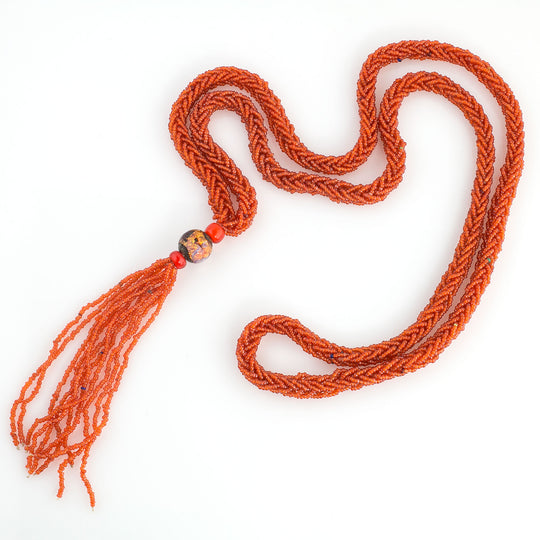 Vintage braided seed bead necklace, Art Deco era with Murano bead and tassel. j-nlad966
