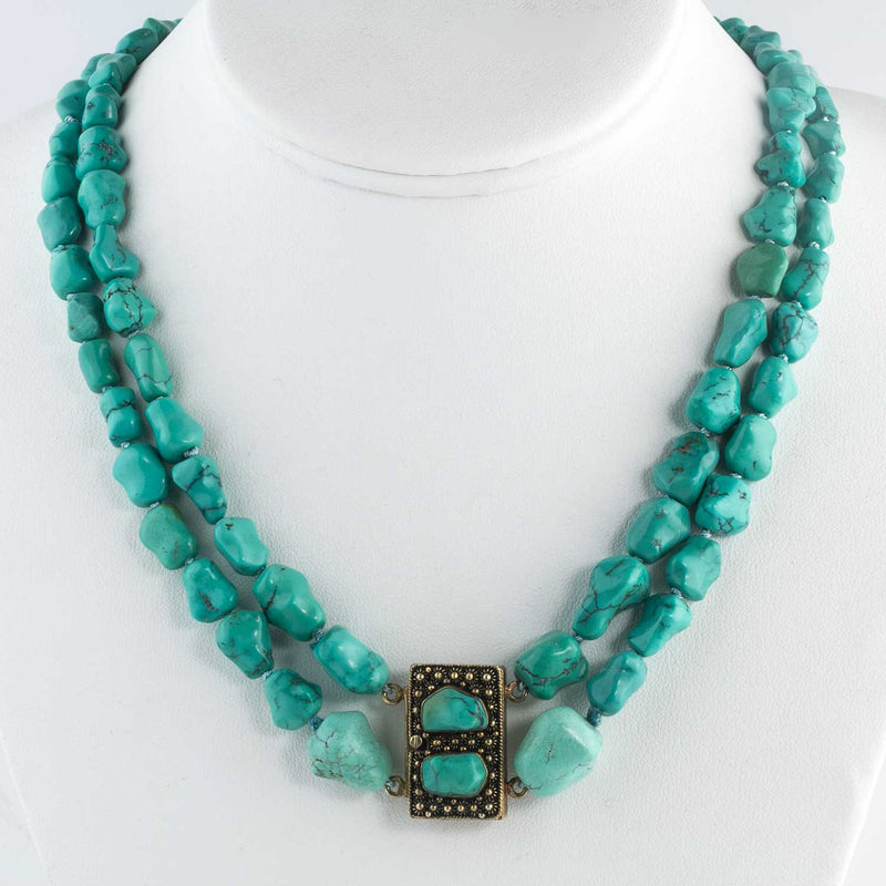 Vintage double strand necklace of Chinese knucklebone turquoise sterling vermeil and turquoise fancy box clasp pendant