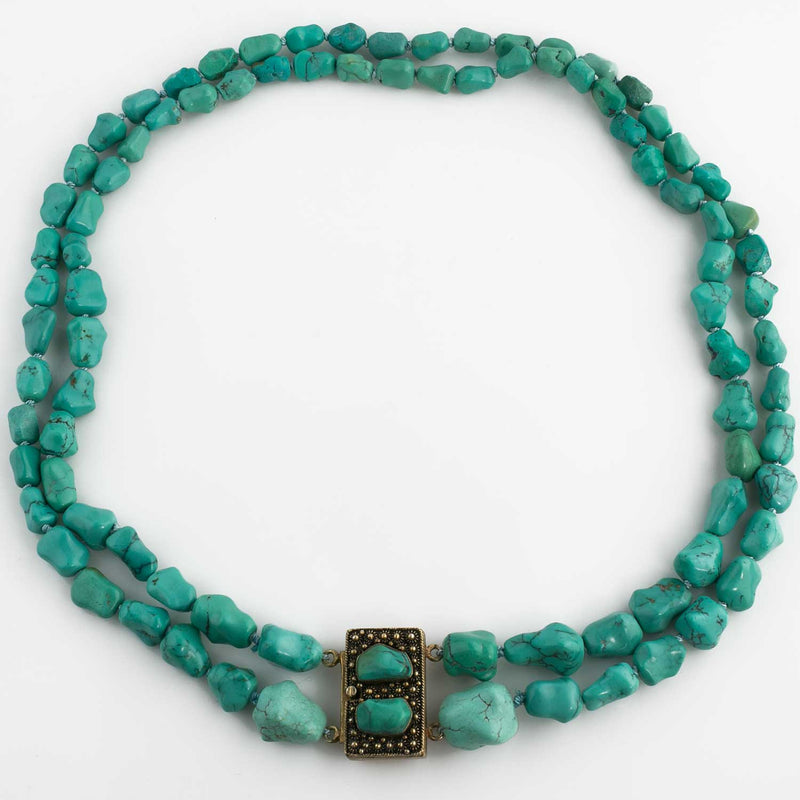 Vintage double strand necklace of Chinese knucklebone turquoise sterling vermeil and turquoise fancy box clasp pendant