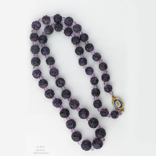Vintage carved amethyst beaded necklace, graduated, 1970's, Chinese. j-nlbd1049
