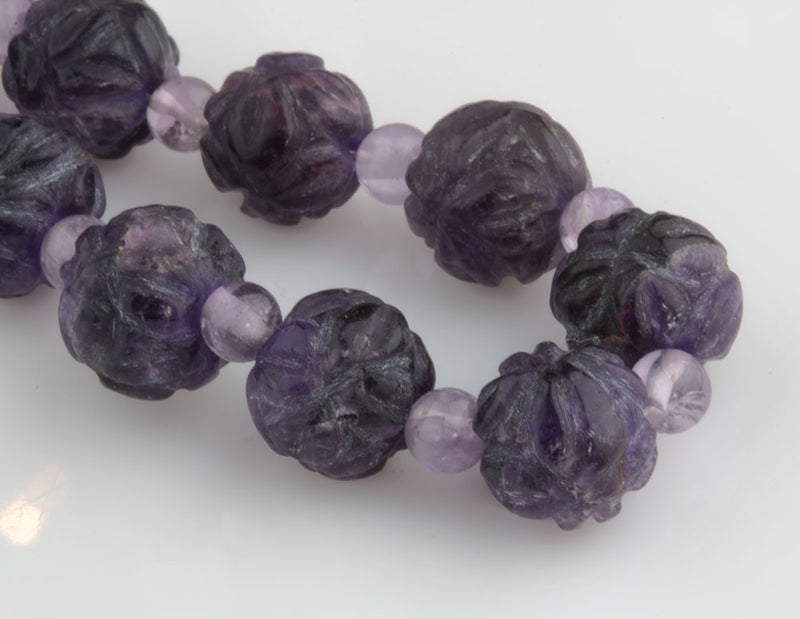 Vintage deep carved purple amethyst bead necklace Chinese