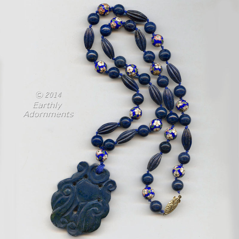 Vintage carved lapis and cloissone bead necklace