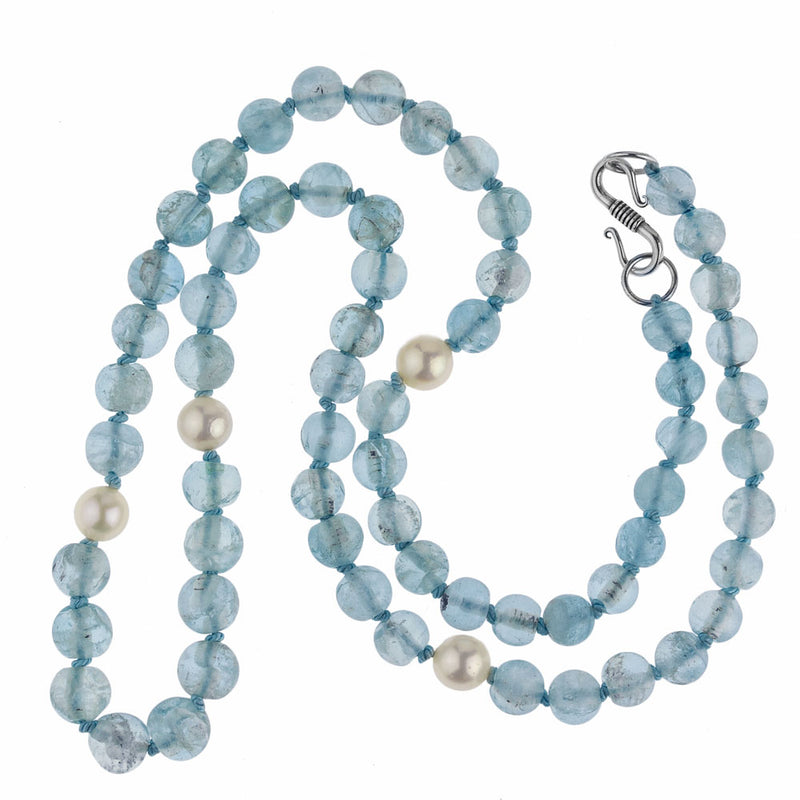 Vintage slightly graduated aquamarine and Akoya pearl necklace, with sterling silver s clasp