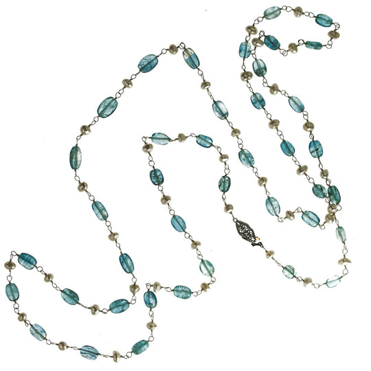 Vintage necklace of high quality aquamarine ovals, Japanese freshwater pearls on sterling silver wire. j-nlbd1219