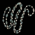 Vintage necklace of high quality slightly graduated aquamarine ovals and Japanese freshwater pearls on sterling silver wire