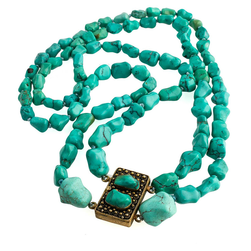 Vintage double strand necklace of Chinese knucklebone turquoise sterling vermeil and turquoise fancy box clasp pendant