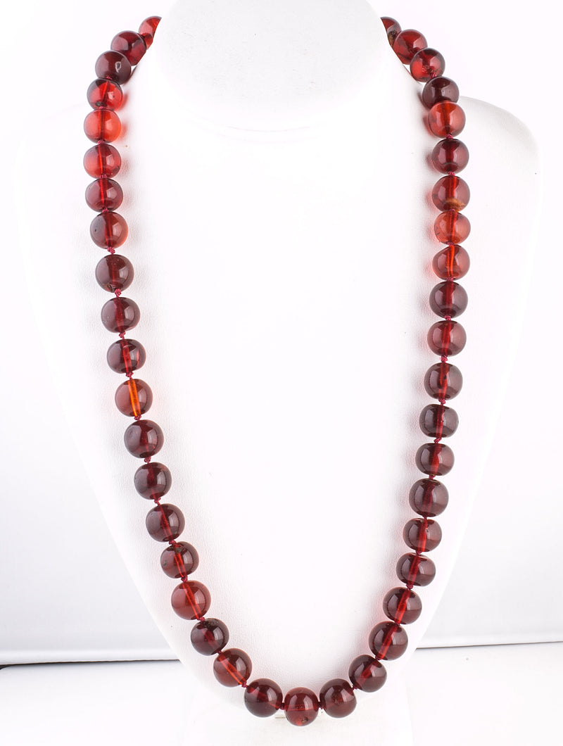 Antique genuine Cherry Amber round beaded necklace.  13mm beads.  25.5 inches.  Gold filled clasp.