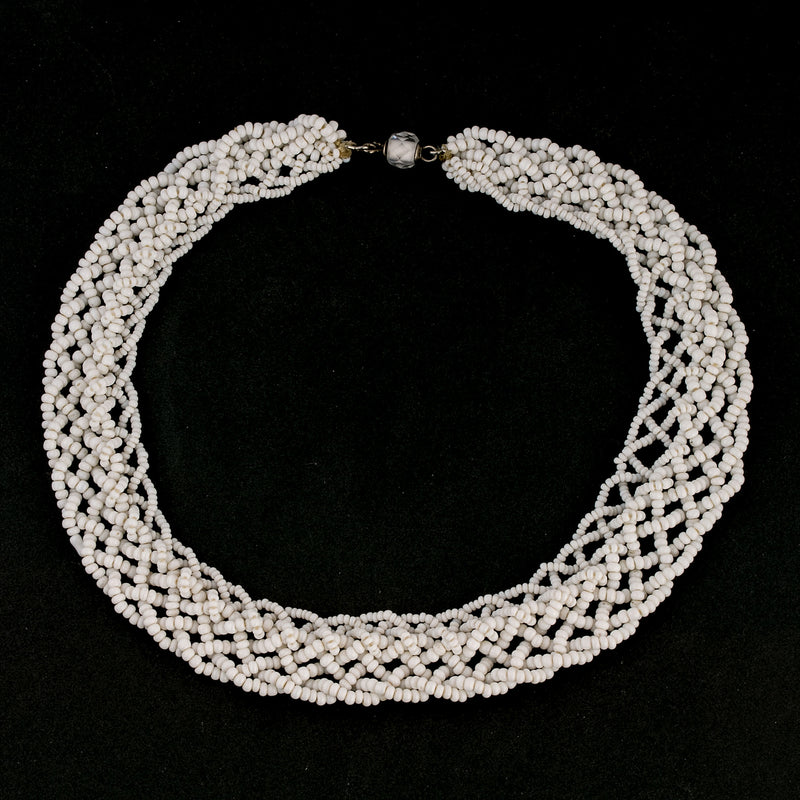 Vintage hand made braided white glass bead collar. 1930s-1940s. RBG style