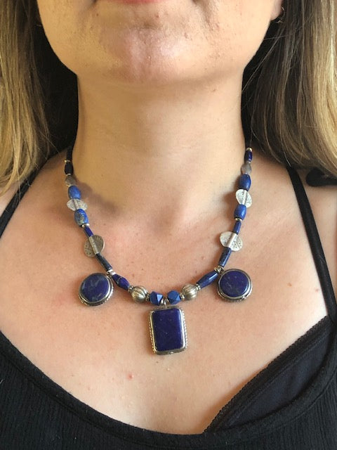 Lapis Lazuli and sterling silver vintage necklace.  18.5 inches.