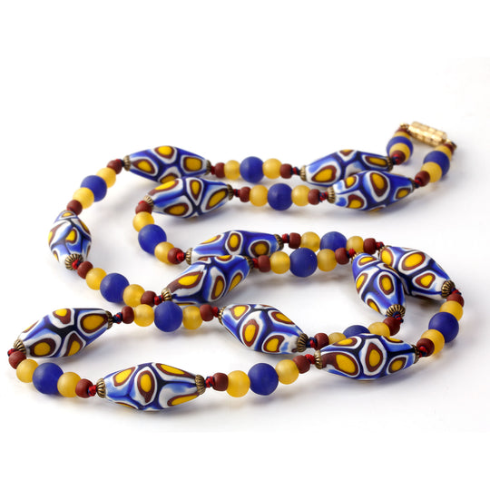 Millefiori Bead Necklace, blue, yellow and red, matte glass ovals. 28 inches. j-nlbd1288