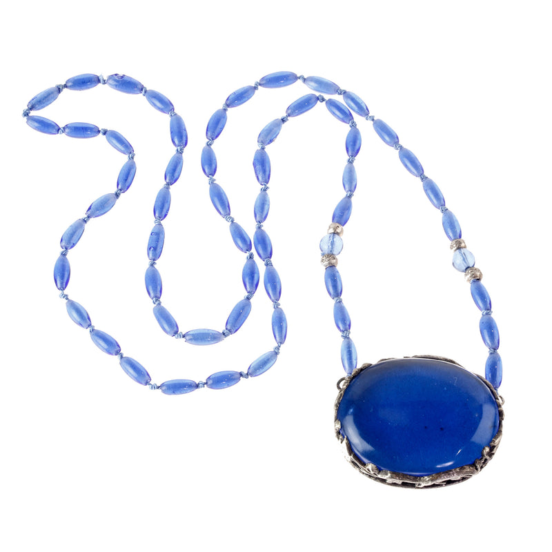 Pendant necklace, sterling silver and blue glass with fox. 23.5 in. China