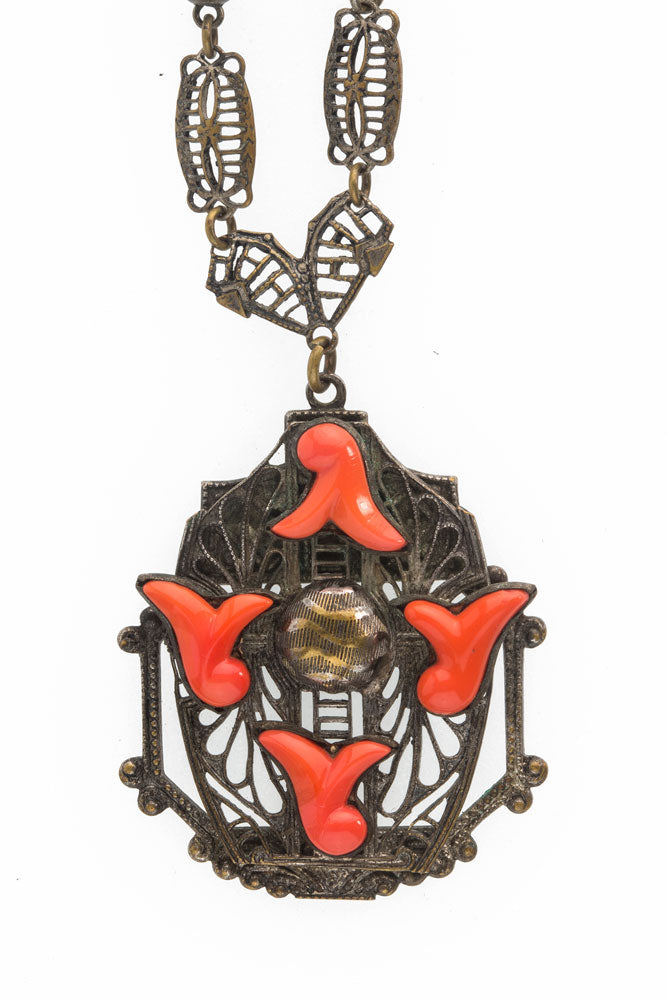 Neiger Brothers red coral glass and brass filigree lavaliere necklace c. 1930's