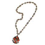 Neiger Brothers red coral glass and brass filigree lavaliere necklace 
