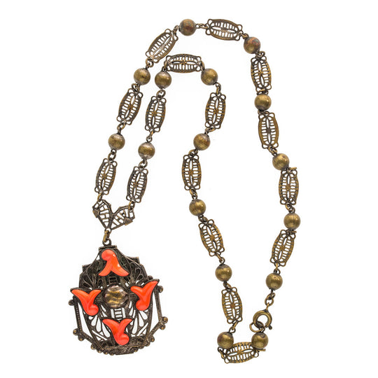 Red coral glass and brass filigree lavaliere necklace. Czechoslovakia.  c. 1920's. nlbg2076