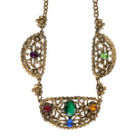 Vintage 1920s-1930s Czech brass link necklace with multi colored glass stones