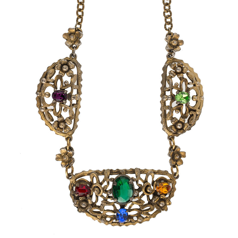 Vintage 1920s-1930s Czech brass link necklace with multi colored glass stones