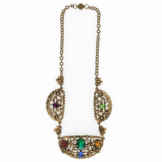 Vintage 1920s-1930s Czech brass link necklace with multi colored glass stones. nlbg2096