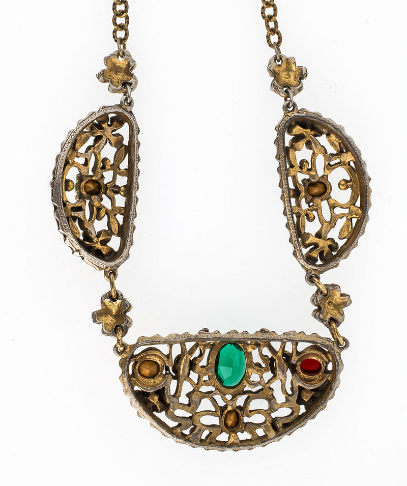 Vintage 1920s-1930s Czech brass link necklace with multi colored glass stones