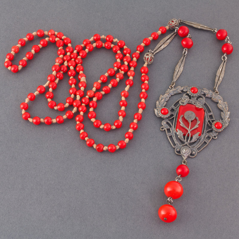 Vintage Art Deco red glass and silver metal flapper length lavaliere necklace
