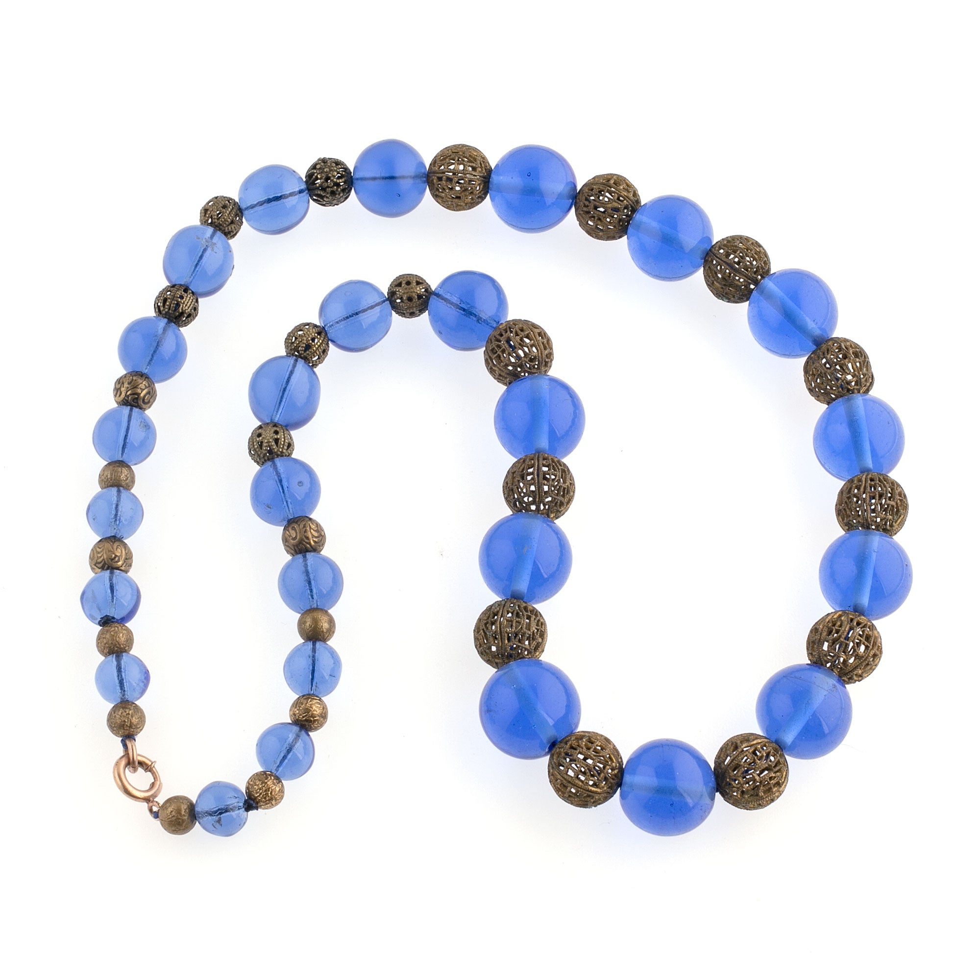 Vintage Blue Glass Necklace, translucent glass beads, brass filigree b –  Earthly Adornments