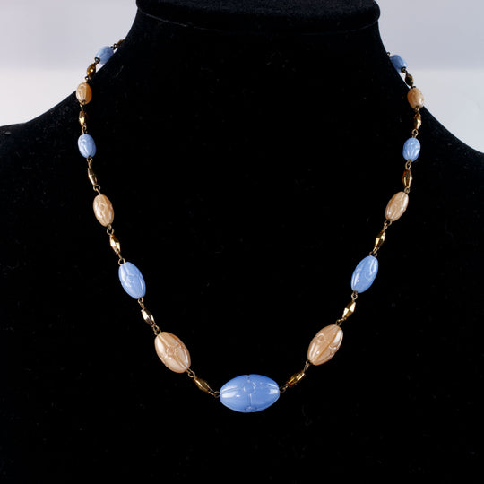 Vintage Czech pressed glass bead necklace in blue and beige graduated ovals beads. 1920s-30s. nlbg2195