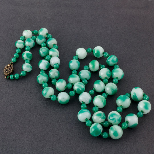 Necklace Chinese jade-green & milky white glass beads,1940s to 1950s.  31.5" long. j-nlgb2196