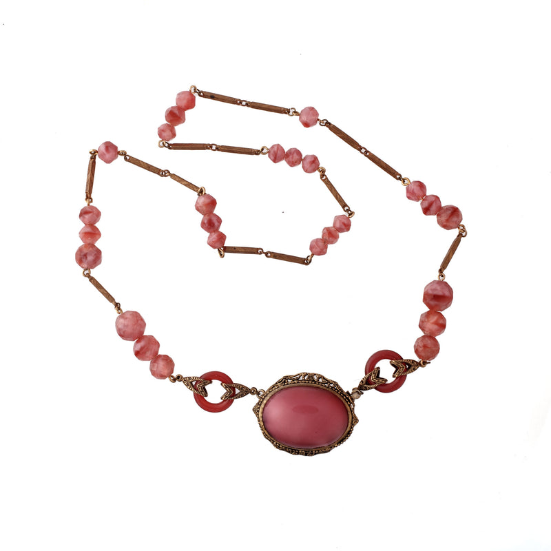 1920s Art Deco rose pink glass and brass lavalier necklace. Czechoslovakia.