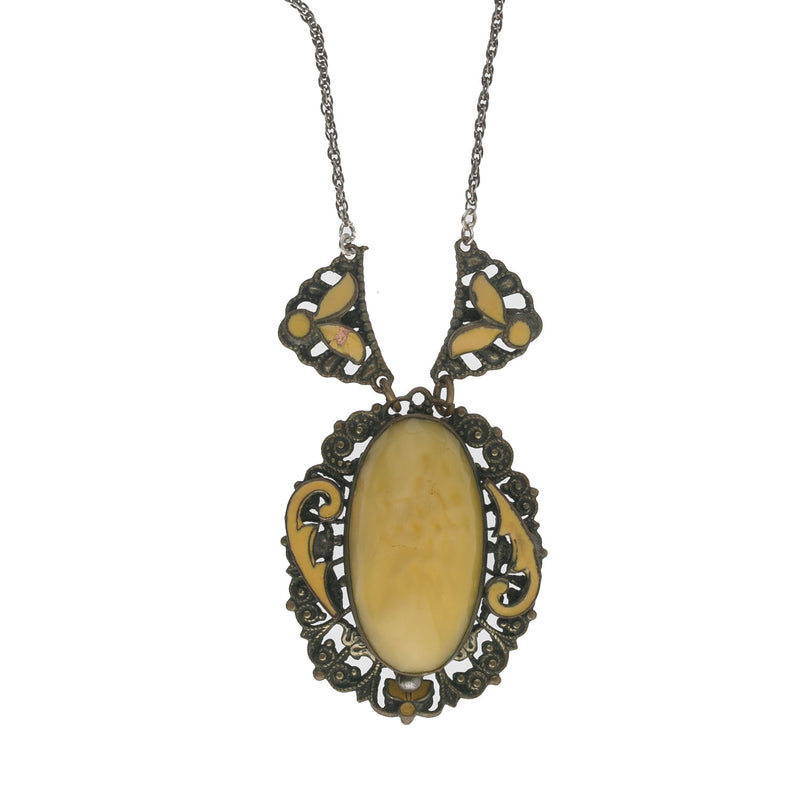Edwardian era filigree, enamel & satin glass pendant necklace.
